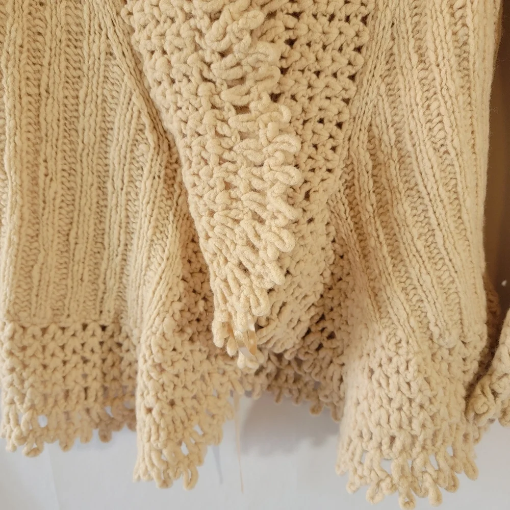 VTG EXPRESS Handknit Tan Wool Blend Cardigan M Eyelet Y2K Cottagecore Festival
